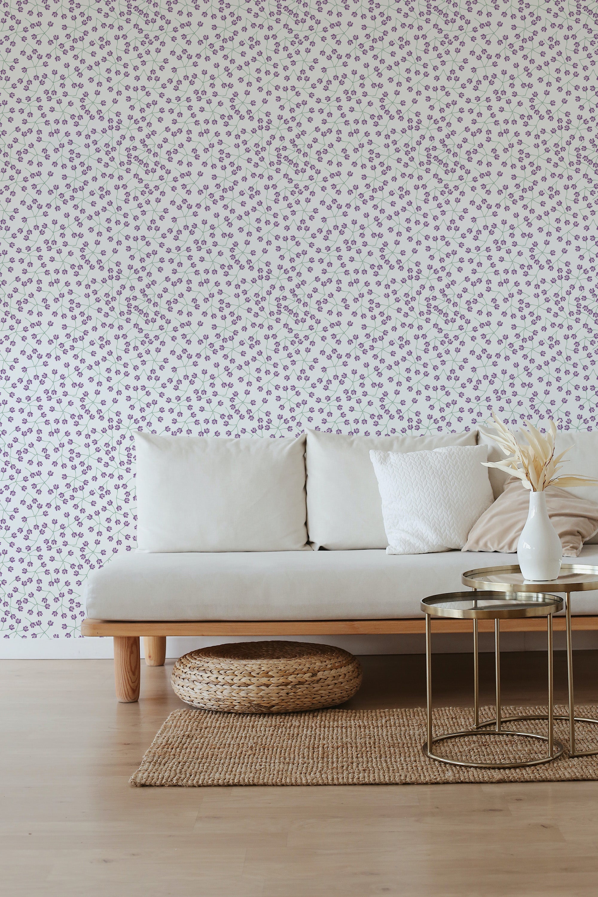 Wall adorned with small purple floral pattern wallpaper, creating a delicate and traditional wallpaper.