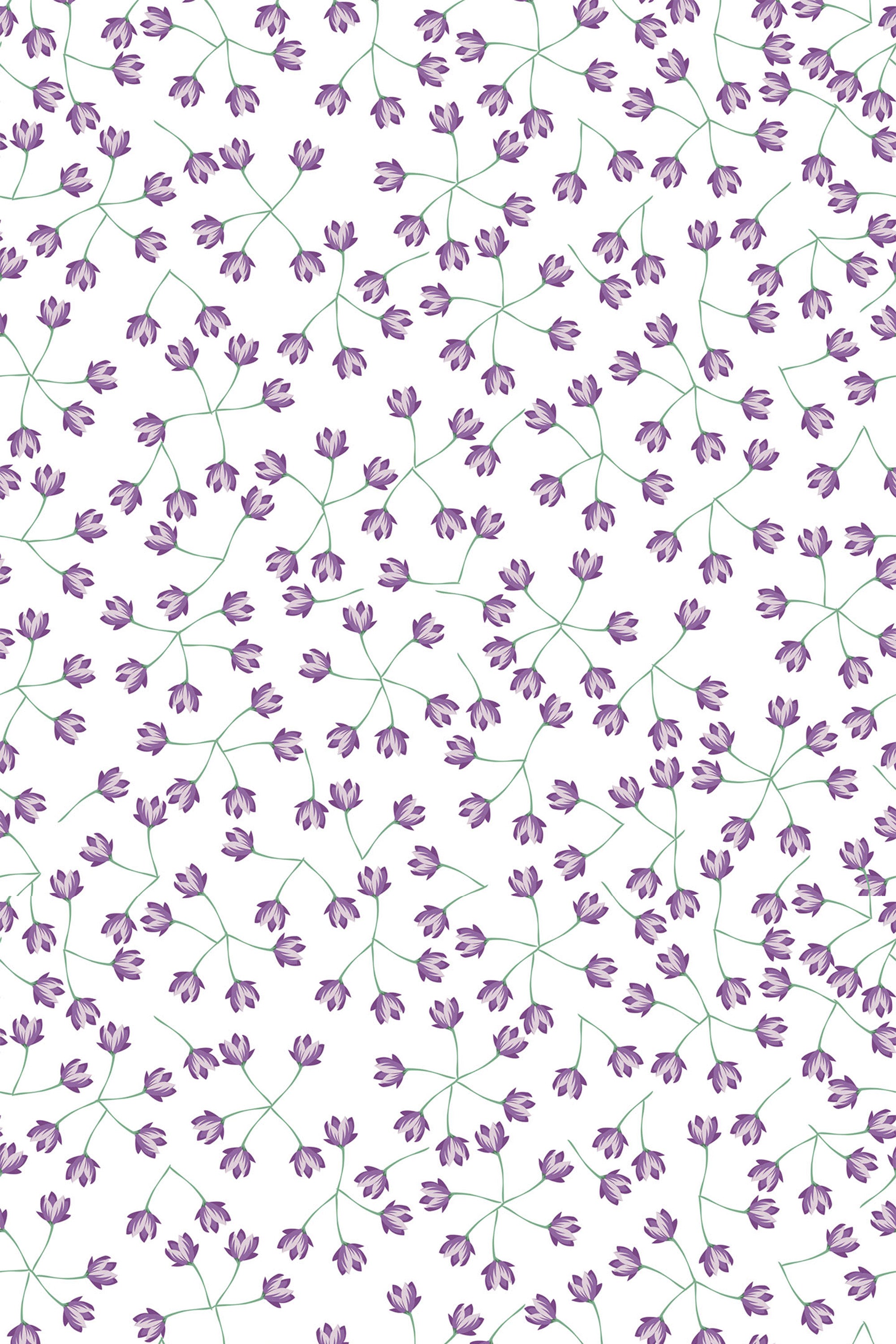 A repeating pattern of delicate, small purple flowers with thin green stems scattered across a white background. Peel and stick removable wallpaper.
