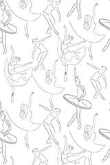 A seamless pattern of graceful ballerinas in various dance poses outlined in black on a white background, evoking elegance and fluid motion. Peel and stick removable wallpaper.