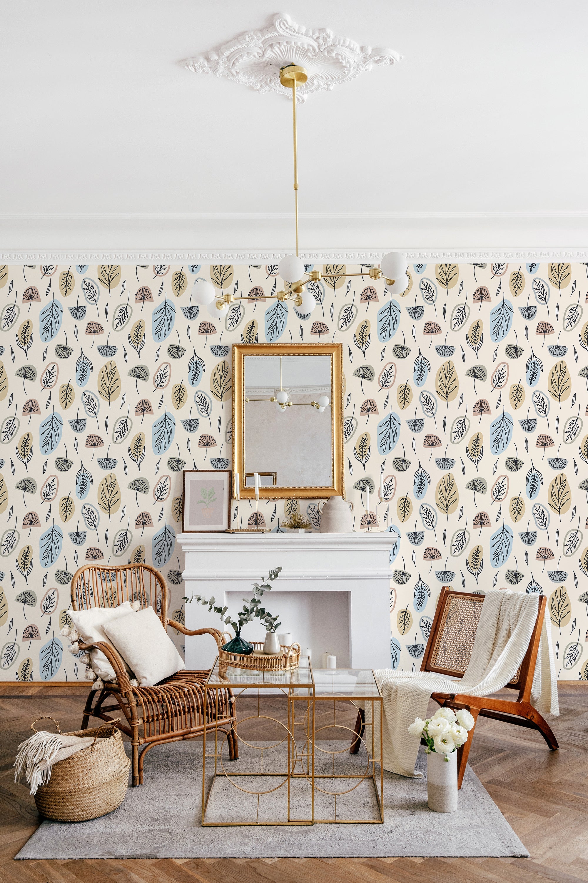 A wallpaper design with colorful boho leaves in shades of blue, green, and pink, intricately patterned against a light beige background, creating a vibrant and lively aesthetic. Traditional wallpaper.