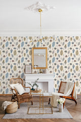 A wallpaper design with colorful boho leaves in shades of blue, green, and pink, intricately patterned against a light beige background, creating a vibrant and lively aesthetic. Traditional wallpaper.