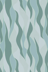 Abstract design with wavy, intertwining shapes in various shades of green and teal, creating a flowing, organic pattern. Peel and stick removable wallpaper.