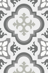 A repeating pattern of intricate gray quatrefoil designs with fine floral and geometric details on a soft background, creating a classic and elegant French tile look. Peel and stick removable wallpaper.
