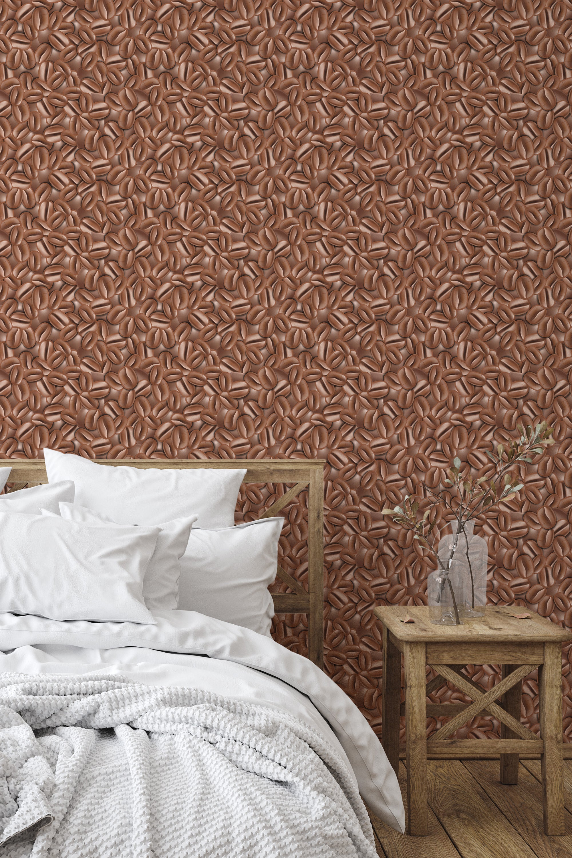 Self-adhesive wallpaper with a pattern of densely packed, realistic coffee beans in shades of brown, creating a warm and textured visual effect in the room.