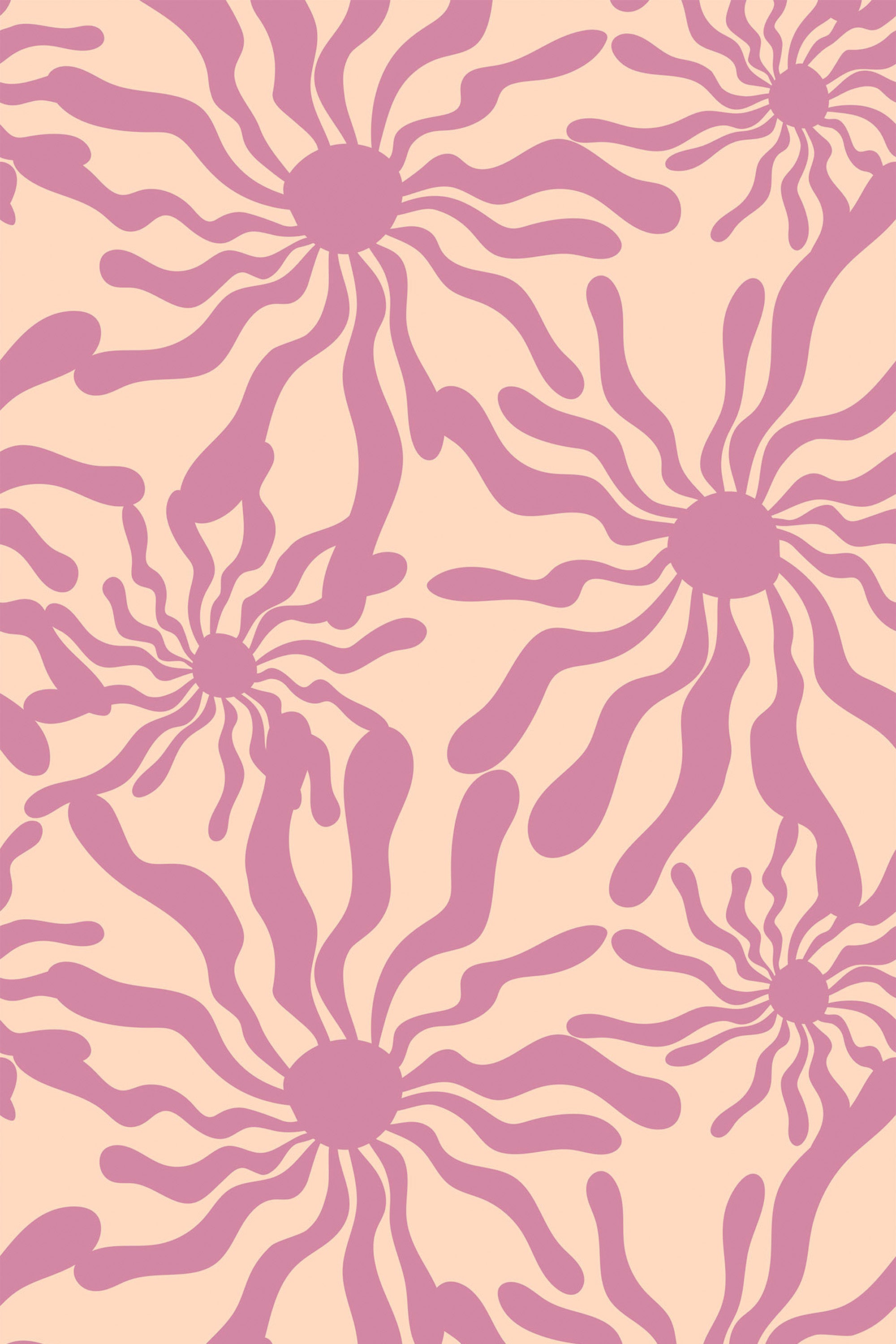 A repeating pattern of stylized suns with wavy purple rays on a light beige background, creating a playful and vibrant design. Peel and stick removable wallpaper.