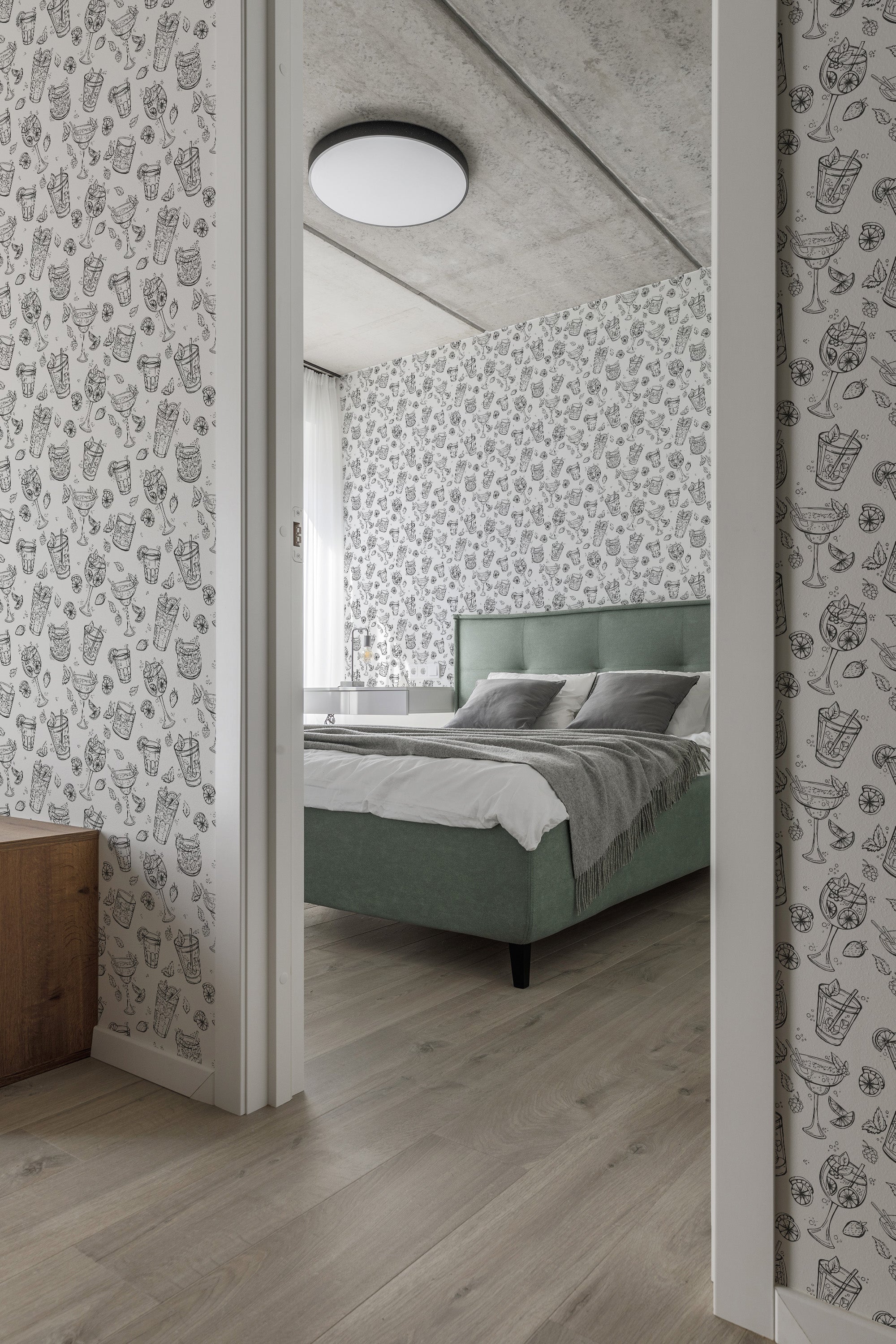 A room with wallpaper that has a playful pattern of various cocktail glasses and garnishes in a monochrome palette, giving the space a lively and dynamic touch. Traditional wallpaper.