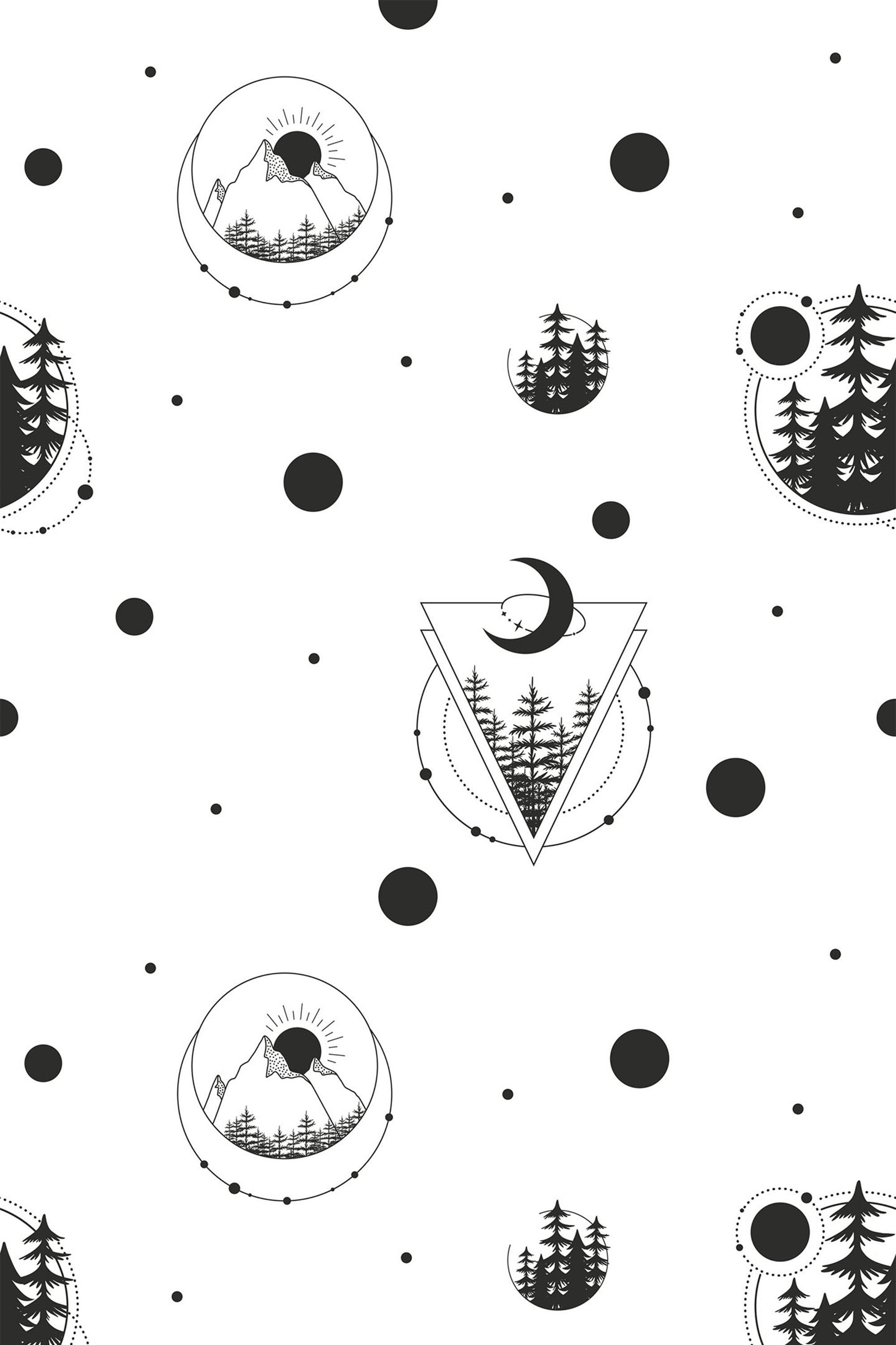 Seamless wallpaper pattern with celestial elements featuring black and white illustrations of mountains, forests, crescent moons, and sun motifs within circles and triangles against a white background. Minimalist design with cosmic and nature-inspired symbols scattered between black dots. Peel and stick removable wallpaper.