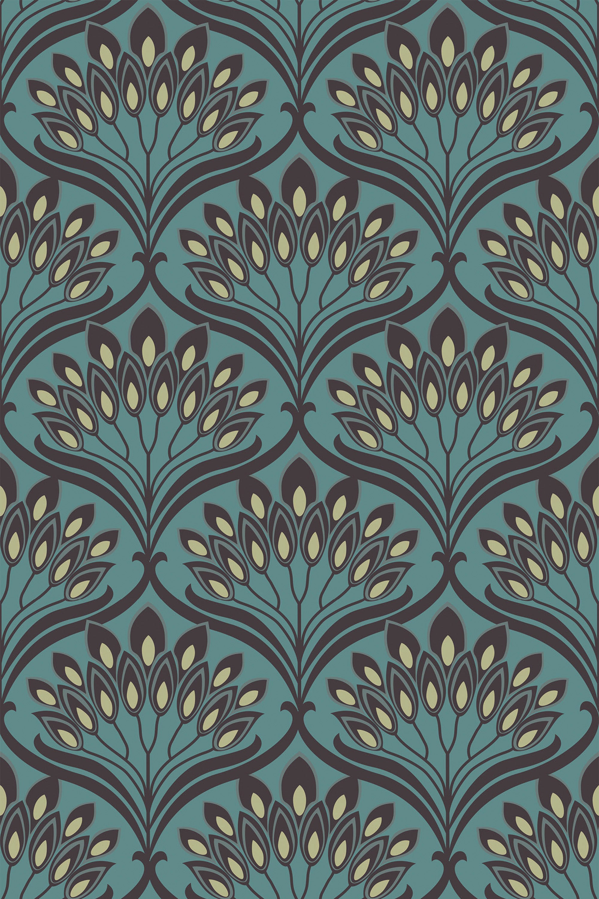 A teal background with repeating stylized peacock feather patterns in shades of black and yellow, creating a bold geometric design with Art Deco influences. Ideal for adding a vintage and sophisticated touch to any room with peel and stick removable wallpaper.