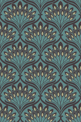 A teal background with repeating stylized peacock feather patterns in shades of black and yellow, creating a bold geometric design with Art Deco influences. Ideal for adding a vintage and sophisticated touch to any room with peel and stick removable wallpaper.