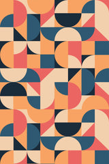 Geometric shapes in vibrant tones of orange, pink, navy blue, and beige arranged in a symmetrical pattern with curves, semi-circles, and triangles. Peel and stick removable wallpaper.