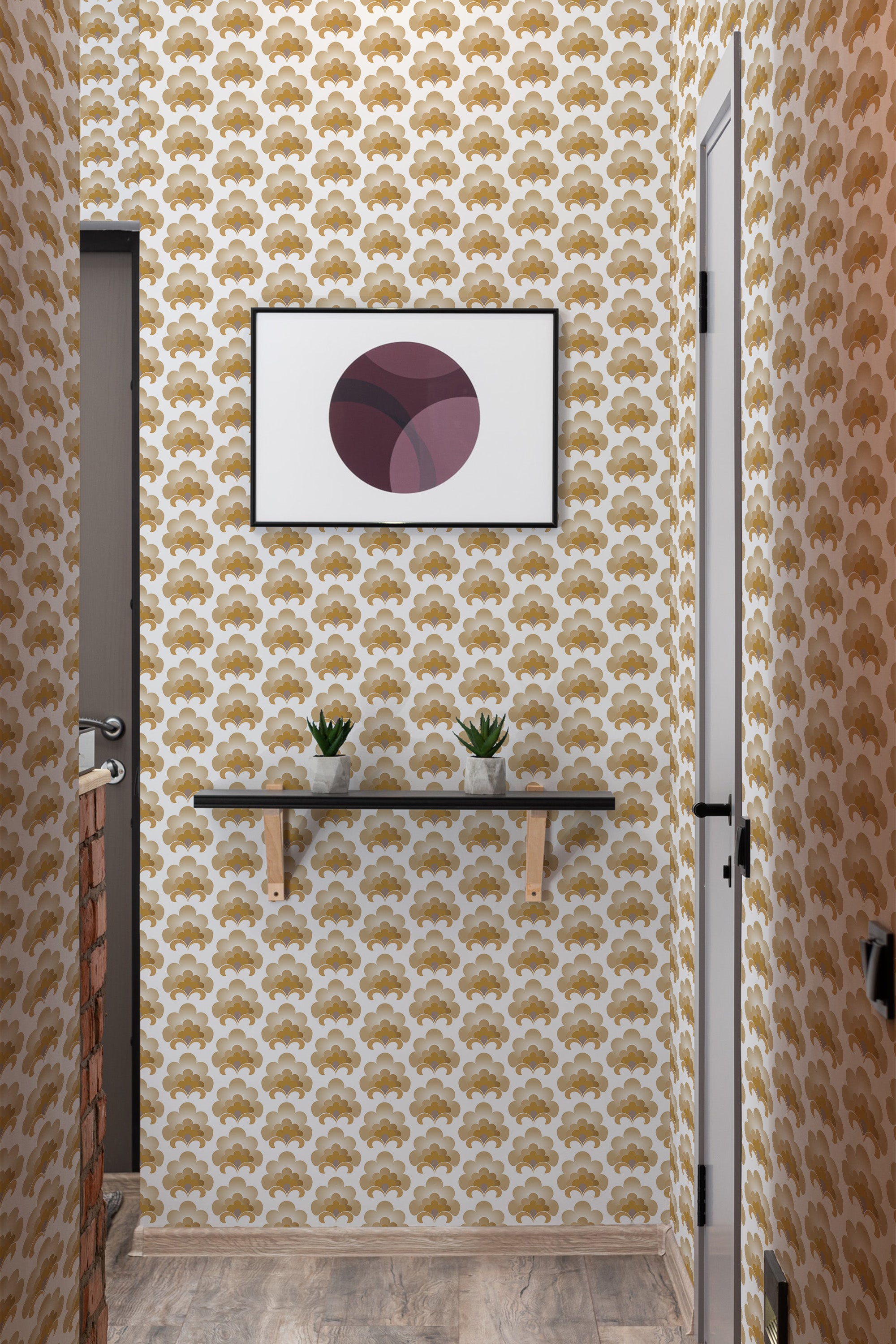 A room with a wall covered in a vintage patterned wallpaper, featuring mustard yellow and beige repeating motifs. The traditional wallpaper.