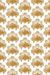 An art deco-inspired pattern in shades of gold and beige, with symmetrical floral motifs arranged on a white background, creating a modern yet nostalgic feel. Peel and stick removable wallpaper.