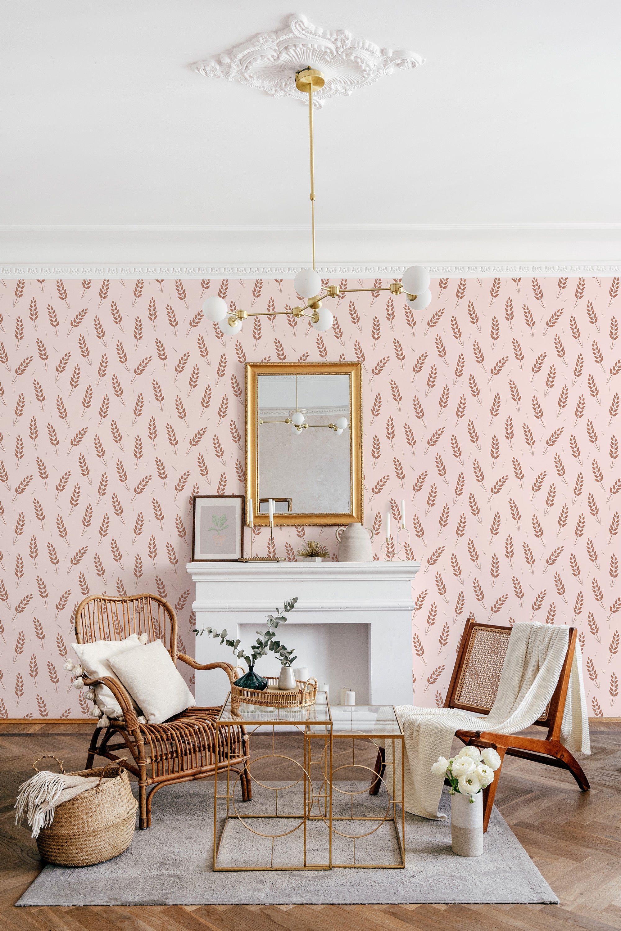 Wallpaper with a repeating pattern of bread loaves in warm, earthy tones against a soft pink background. Traditional wallpaper.
