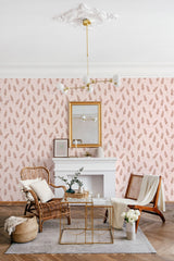 Wallpaper with a repeating pattern of bread loaves in warm, earthy tones against a soft pink background. Traditional wallpaper.