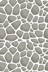 A seamless pattern with irregular, gray stone-like shapes on a white background, resembling a stone wall or path. The stones vary in size and shape, creating a natural, organic look. Peel and stick removable wallpaper.