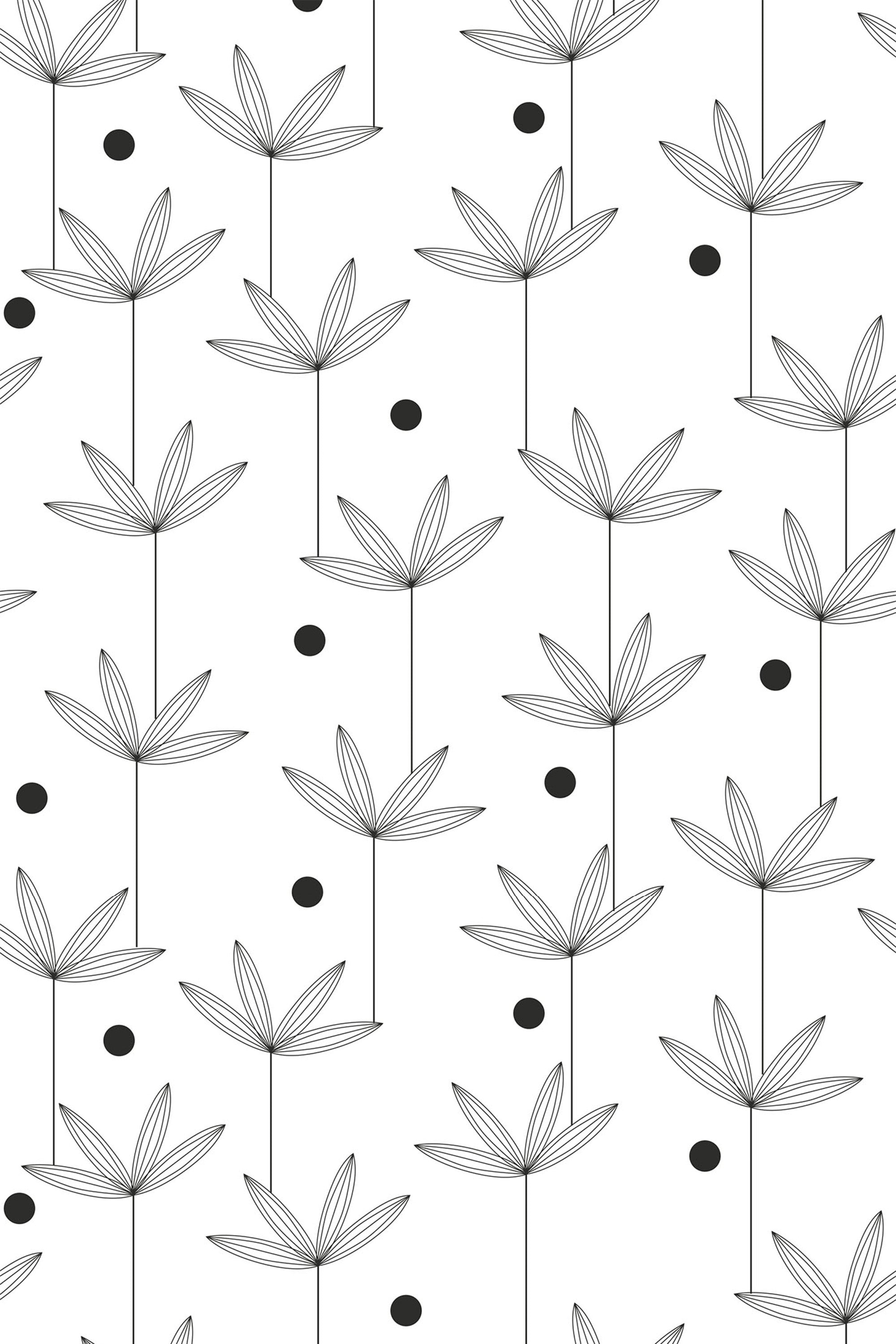 Black and white seamless wallpaper design with stylized leaf stems and dotted accents, peel and stick removable wallpaper.