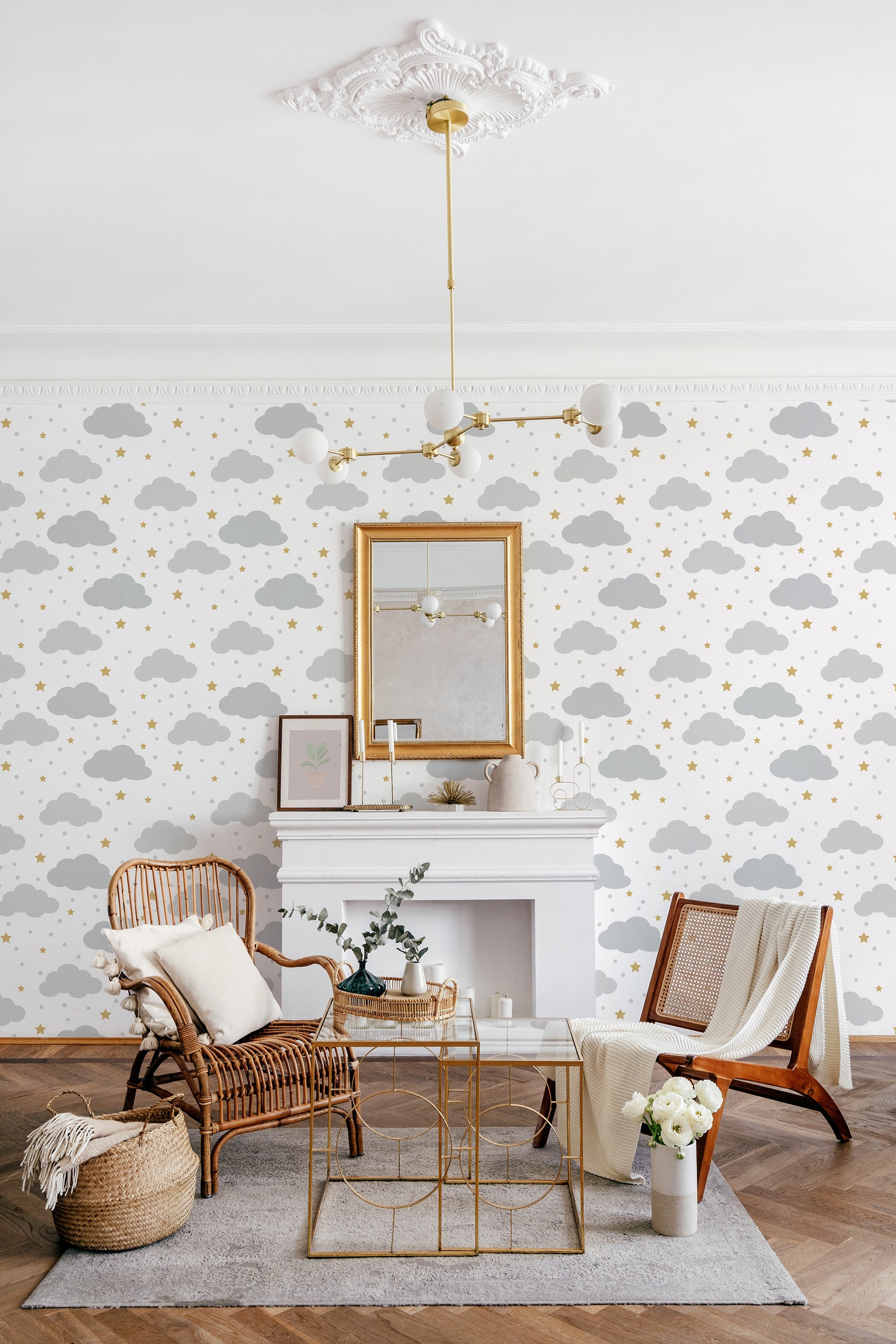 Room with wallpaper adorned with soft, fluffy clouds and scattered small stars on a pale grey background, creating a serene and dreamy atmosphere. Traditional wallpaper.