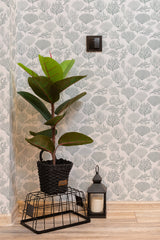 Self-adhesive wallpaper with a nautical theme in soft shades of gray and white, showing intricate sea coral patterns.