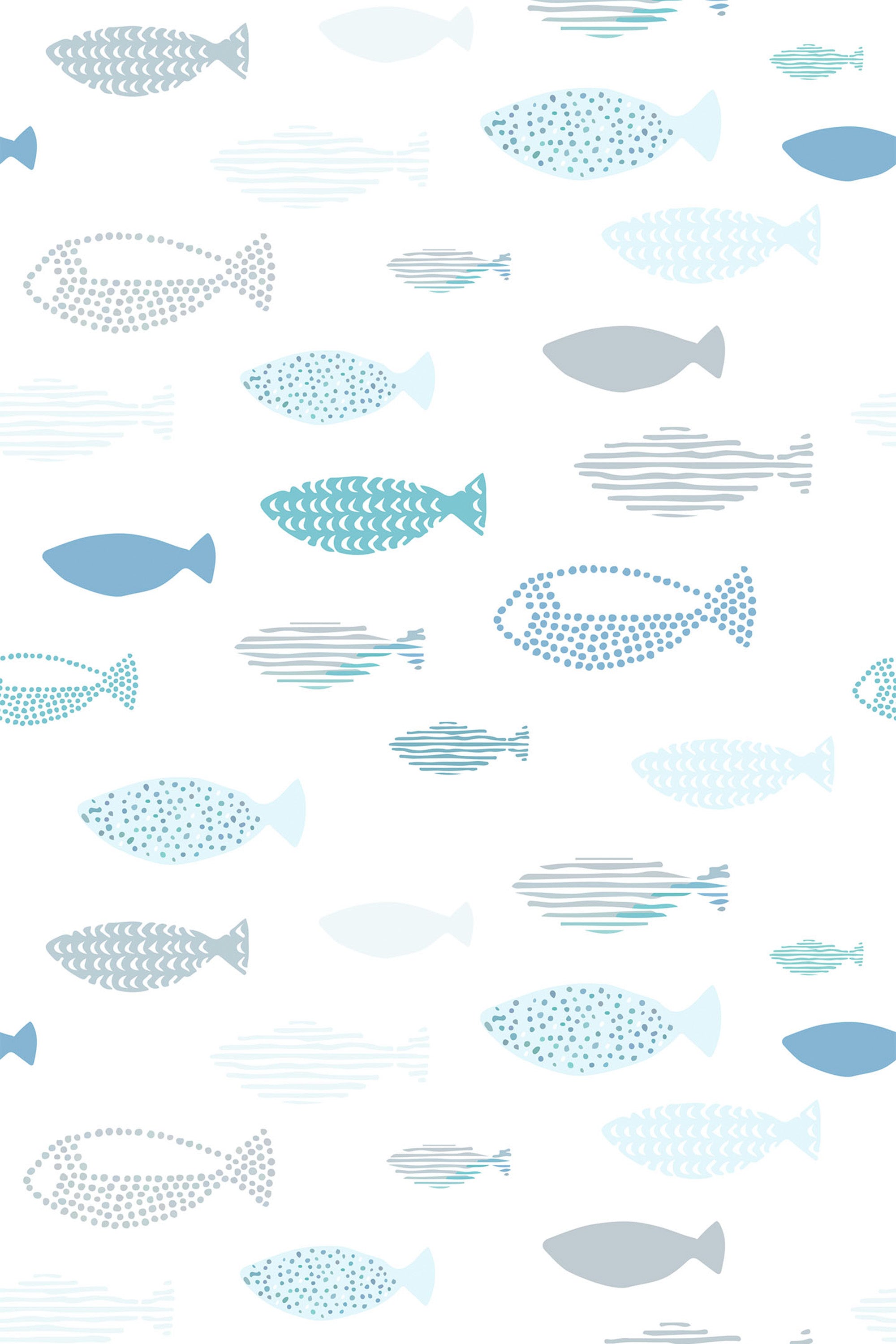 Pattern of various fish shapes in soft shades of blue, turquoise, and gray on a white background, creating a serene, ocean-themed design with alternating, minimalist fish patterns. Peel and stick removable wallpaper.