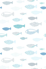 Pattern of various fish shapes in soft shades of blue, turquoise, and gray on a white background, creating a serene, ocean-themed design with alternating, minimalist fish patterns. Peel and stick removable wallpaper.