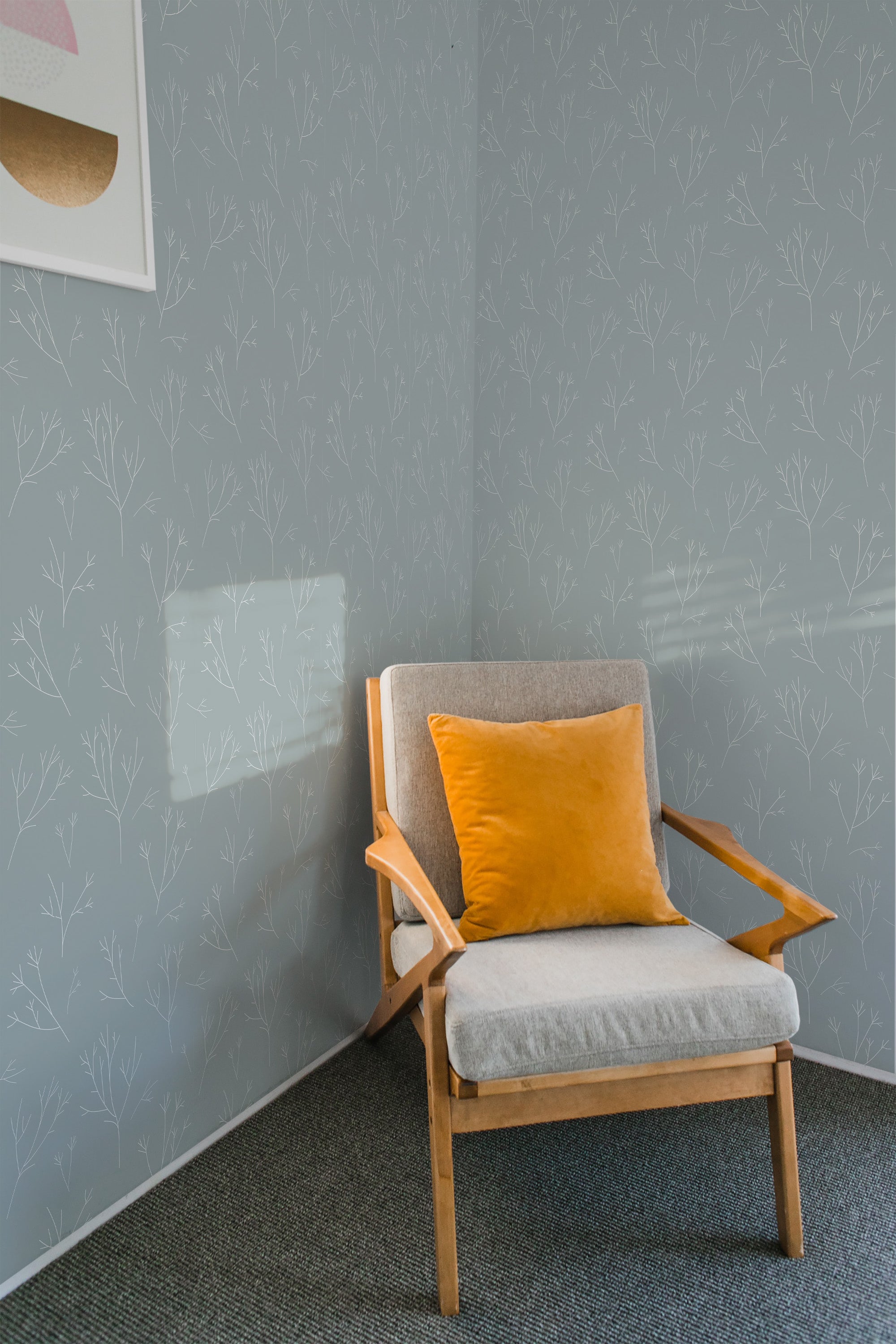 Wallpaper with a delicate pattern of minimalist white branches on a soft gray background, adding an understated elegance to the room. Traditional wallpaper.