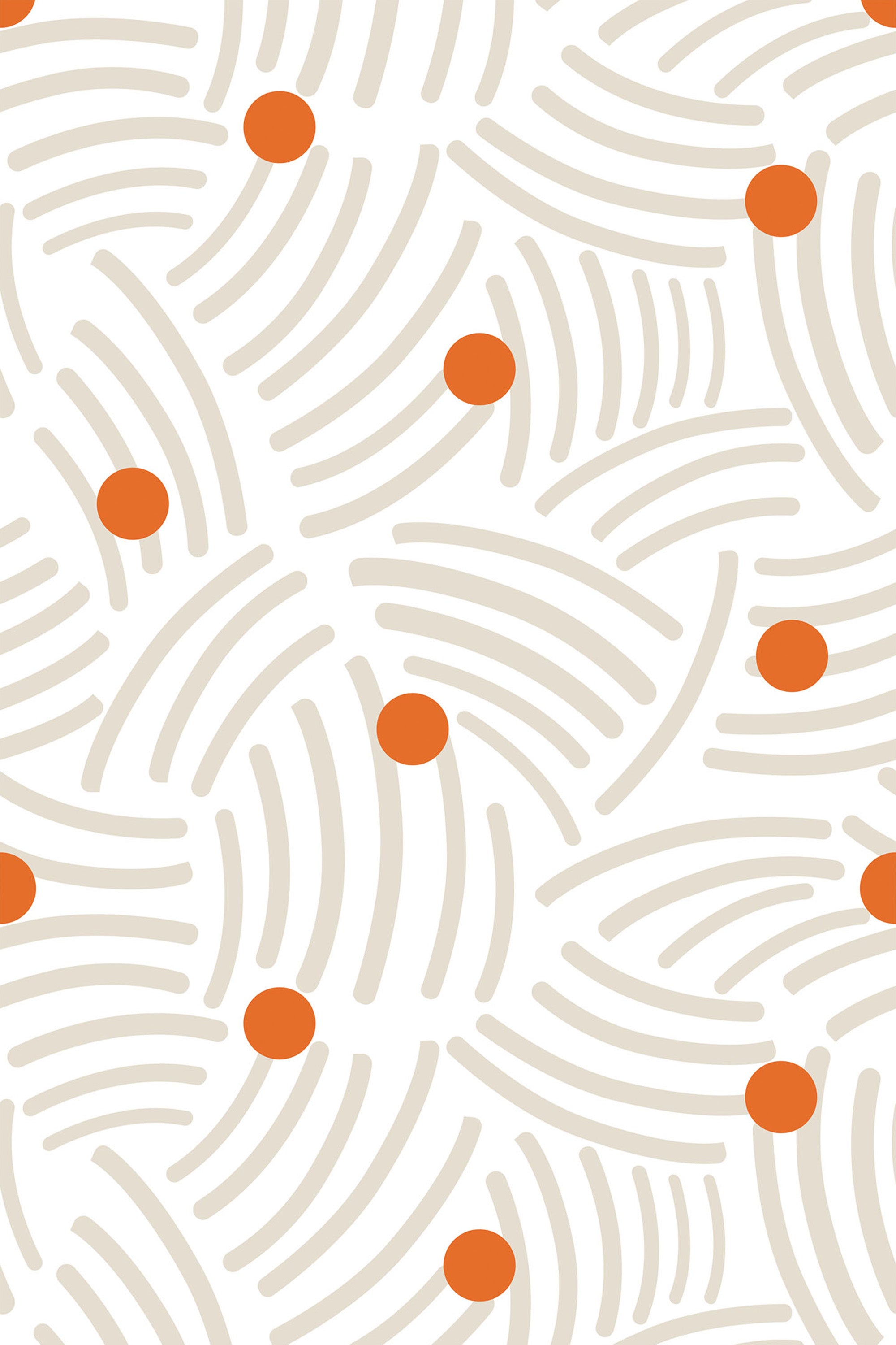 Abstract brushstroke pattern with irregular beige lines forming curved shapes, interspersed with scattered orange dots on a white background, peel and stick removable wallpaper.