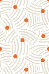 Abstract brushstroke pattern with irregular beige lines forming curved shapes, interspersed with scattered orange dots on a white background, peel and stick removable wallpaper.