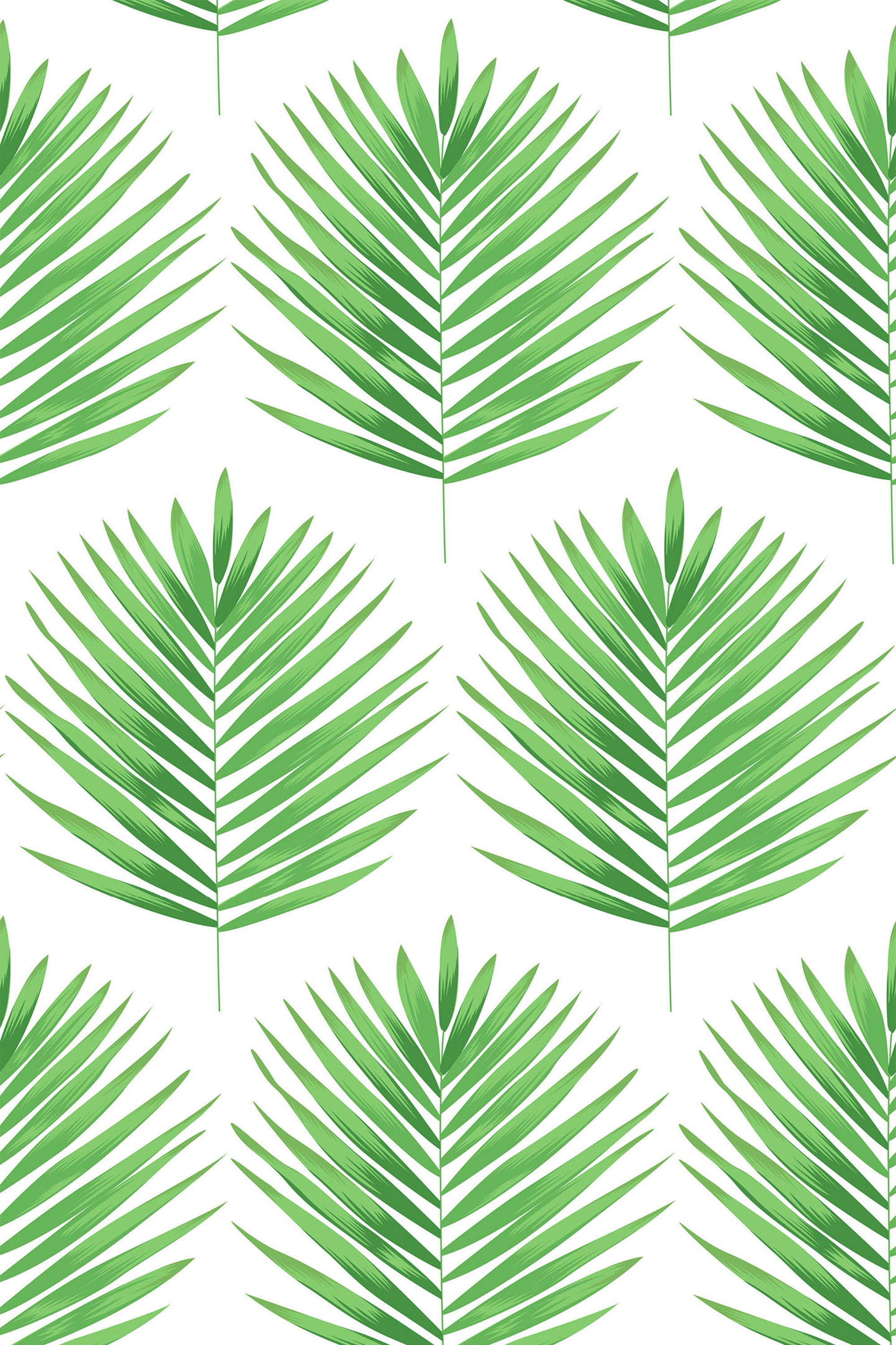 Green palm leaves repeated on a white background, creating a fresh, tropical pattern. Peel and stick removable wallpaper.