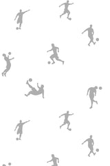 Silhouettes of football players in various action poses are arranged in a scattered pattern on a white background. The figures are grey, adding a subtle contrast to the white background. This is a peel and stick removable wallpaper.