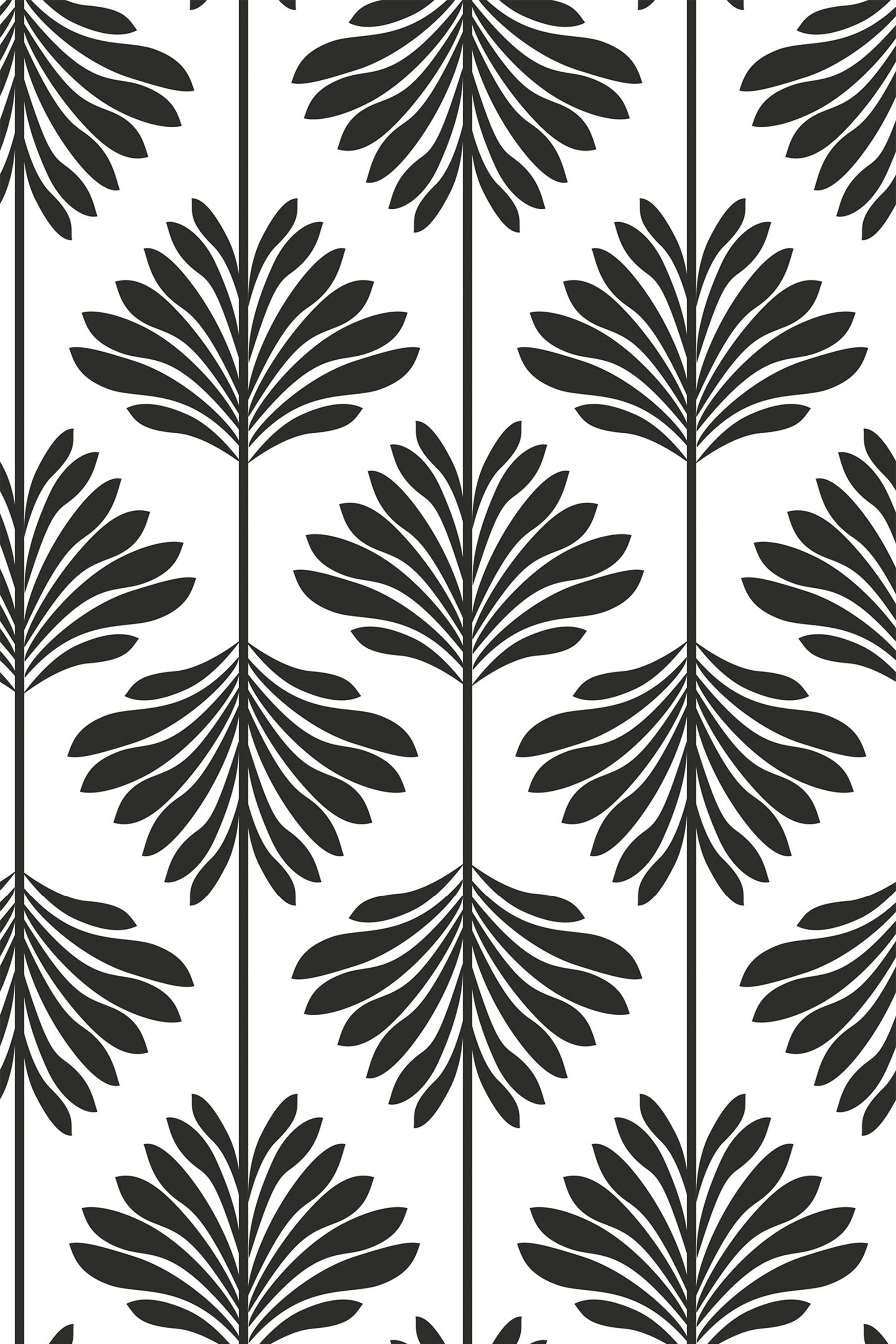 Black palm leaves set vertically in a repeating pattern on a white background, creating a modern and elegant design that is suitable for any room. Peel and stick removable wallpaper.