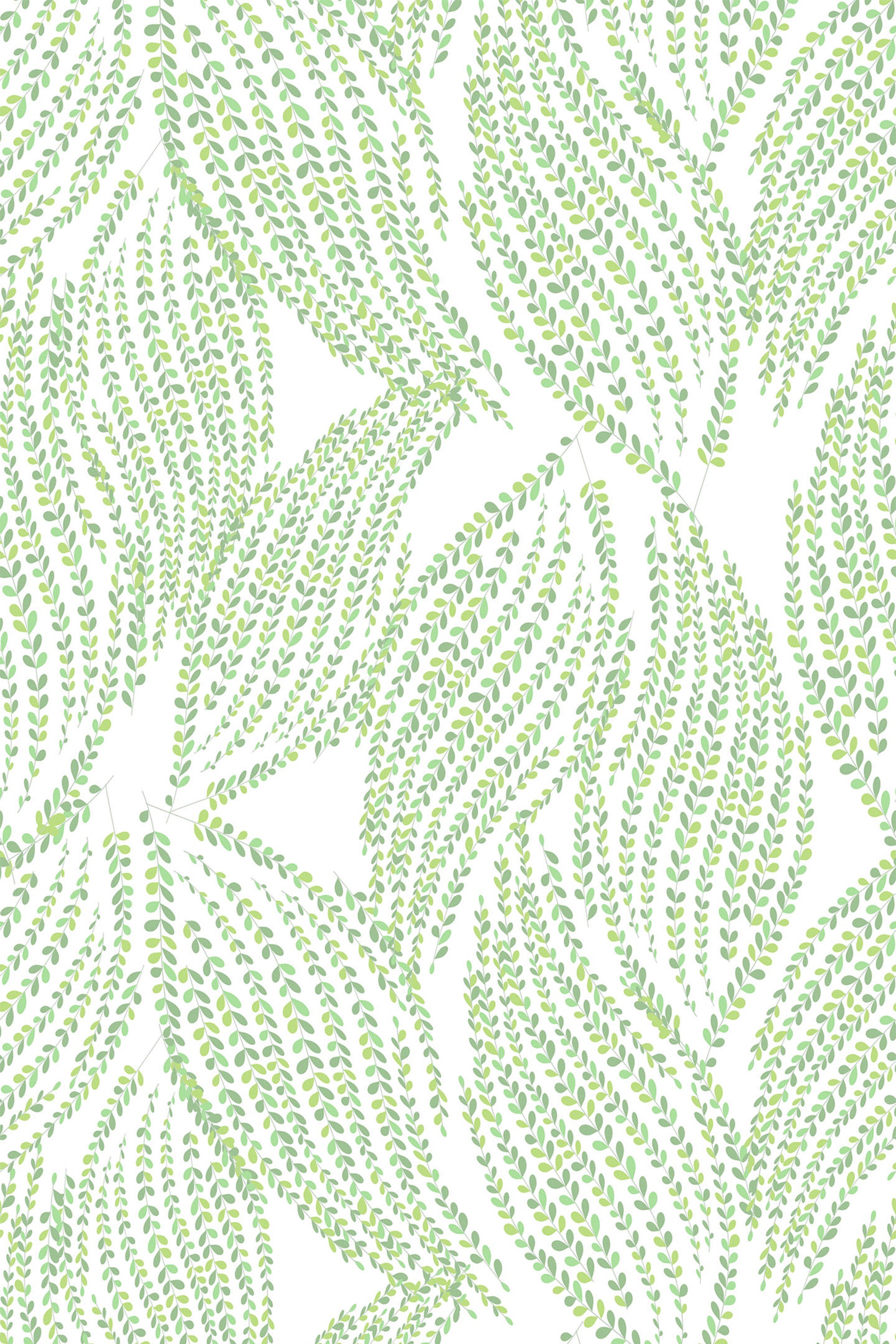Green leaf pattern arranged in flowing, curved shapes on a white background, creating an organic and natural feel, peel and stick removable wallpaper.