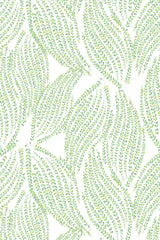 Green leaf pattern arranged in flowing, curved shapes on a white background, creating an organic and natural feel, peel and stick removable wallpaper.