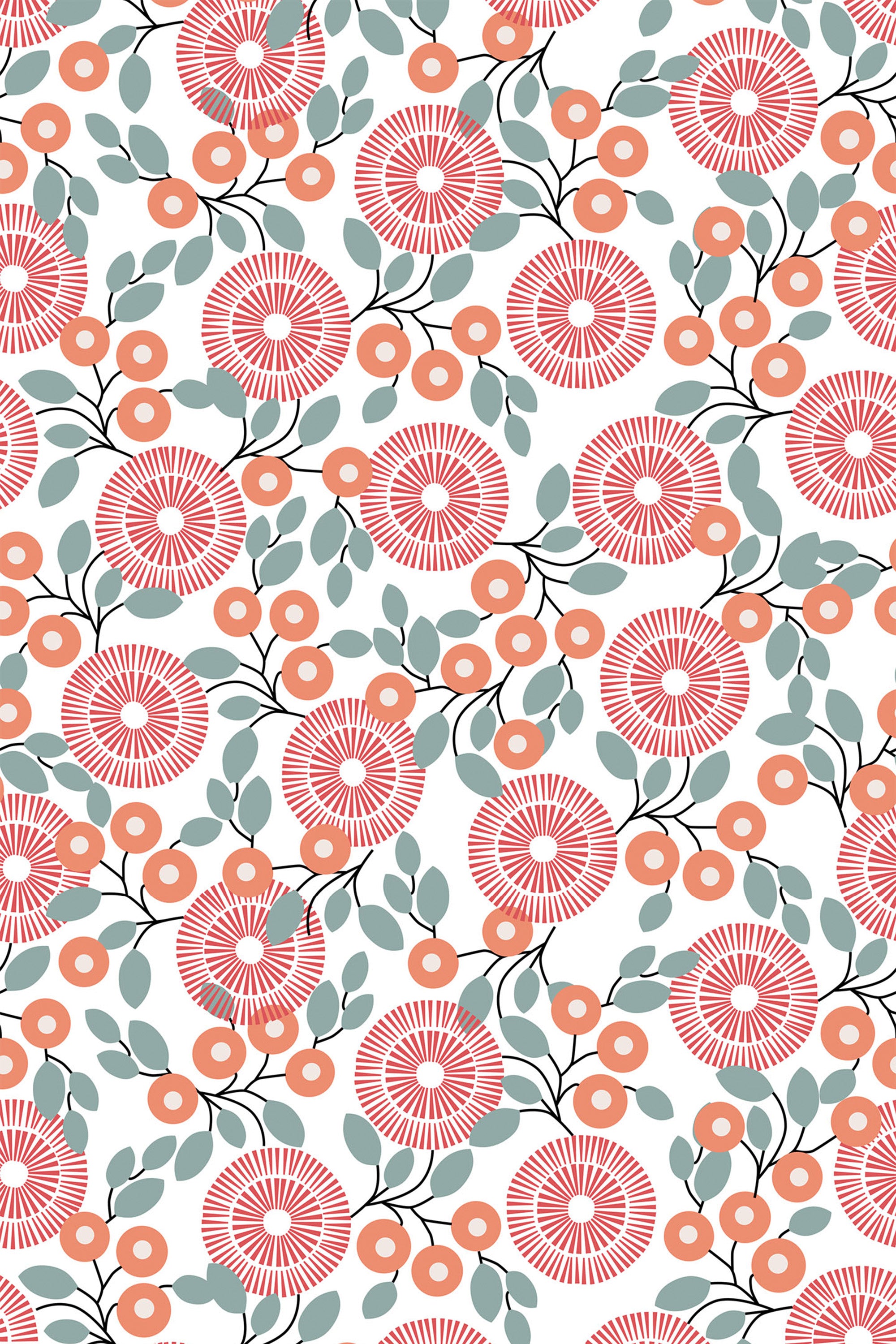 Vintage pink rose pattern with delicate circular floral motifs, surrounded by muted green leaves on a white background, peel and stick removable wallpaper.