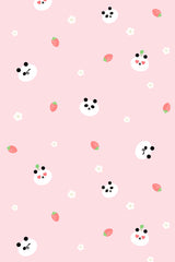 Cute Kawaii wallpaper with a pink background filled with small panda faces, strawberries, and white flowers scattered across the design. Peel and stick removable wallpaper.