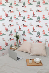 Self-adhesive wallpaper with a playful animal design, featuring foxes and hedgehogs among trees and greenery in soft orange, green, and brown tones.