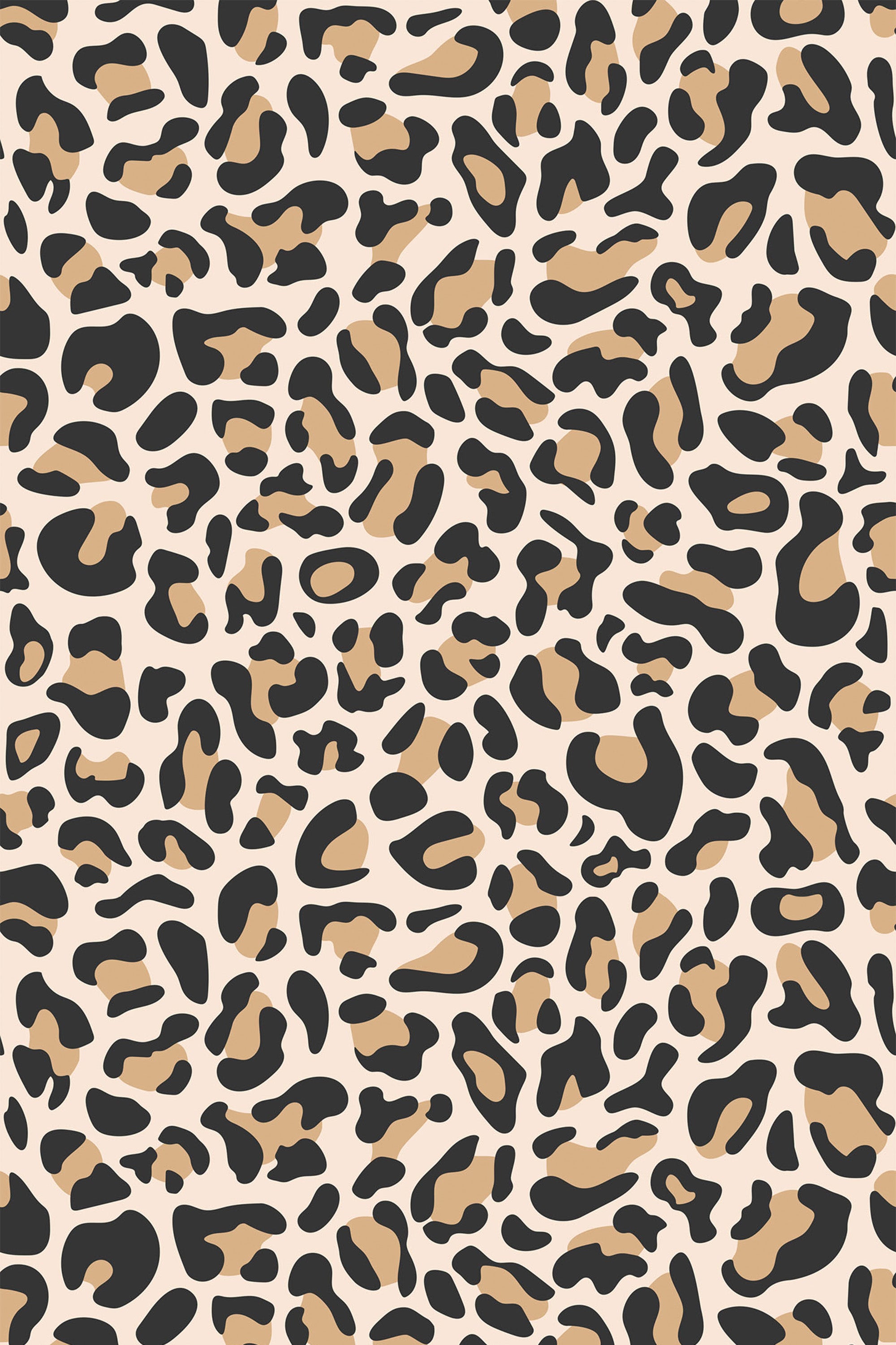 A repeating design of abstract leopard spots in black and tan on a light beige background, creating a bold and chic animal print pattern. This is a peel and stick removable wallpaper.