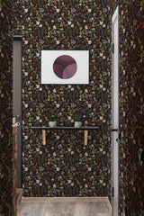 Dark floral autumn wallpaper with a rich black background adorned with intricate patterns of leaves, flowers, and berries in muted tones of green, white, and red, creating a cozy and elegant atmosphere,raditional wallpaper.