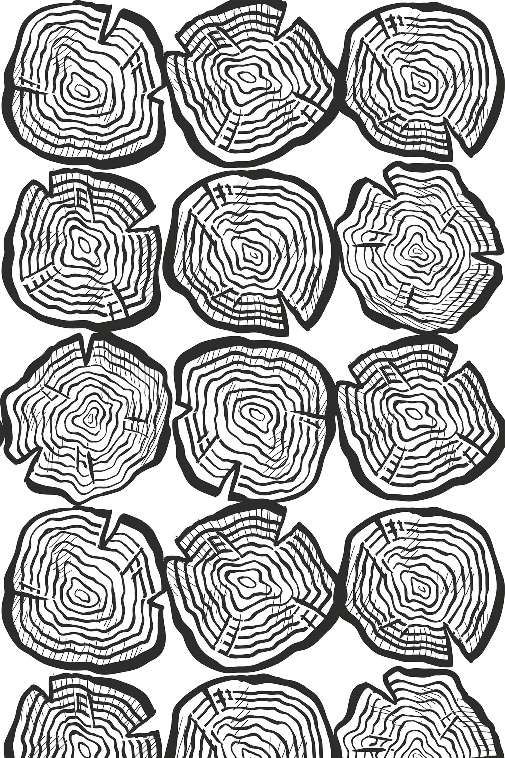 Illustration of tree rings with concentric lines in black on a white background pattern, resembling woodcut slices, peel and stick removable wallpaper.