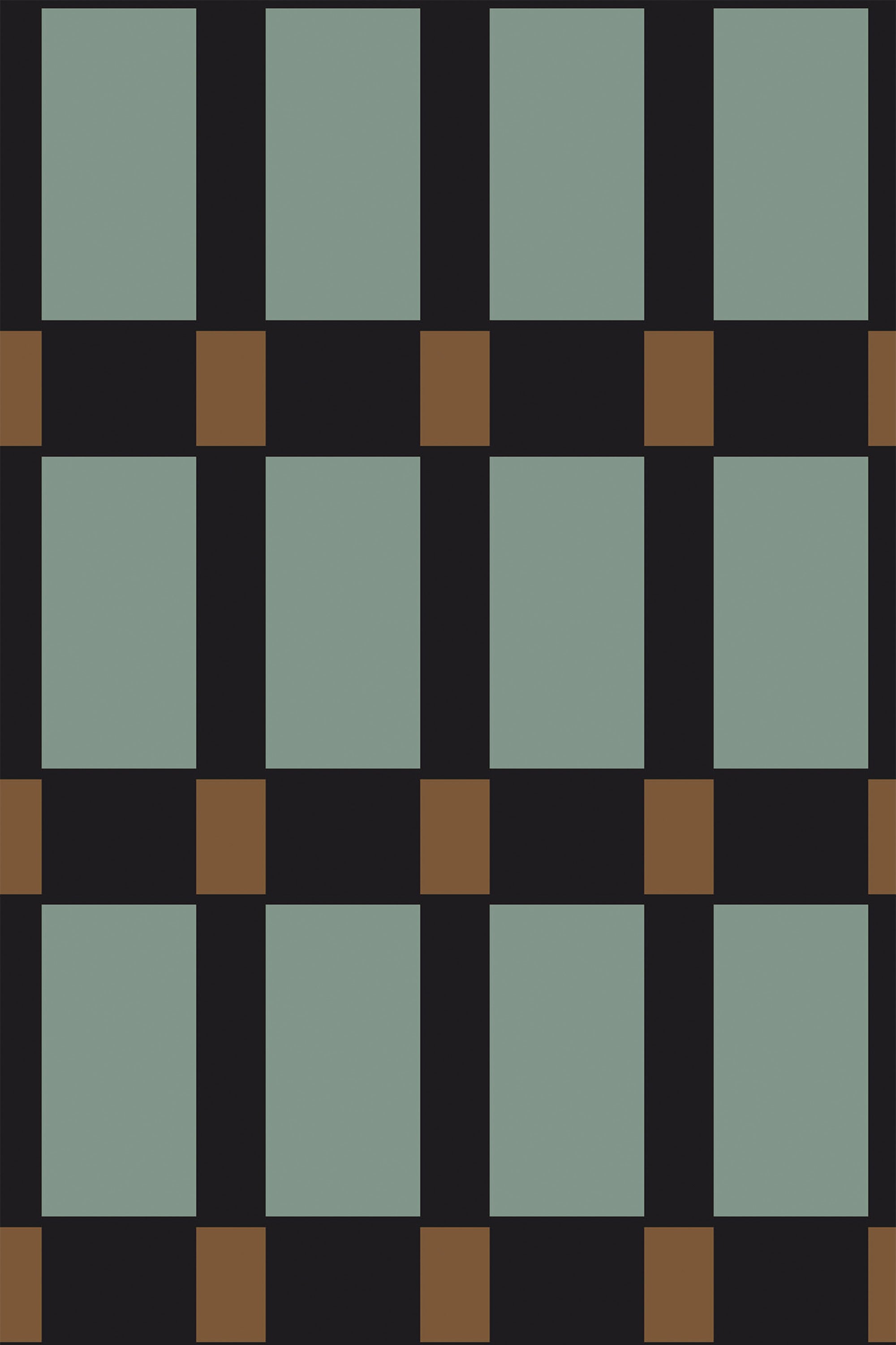 Dark blue geometric pattern with large square shapes in teal, bordered by black bands and accented by smaller brown squares at the intersections. Peel and stick removable wallpaper.