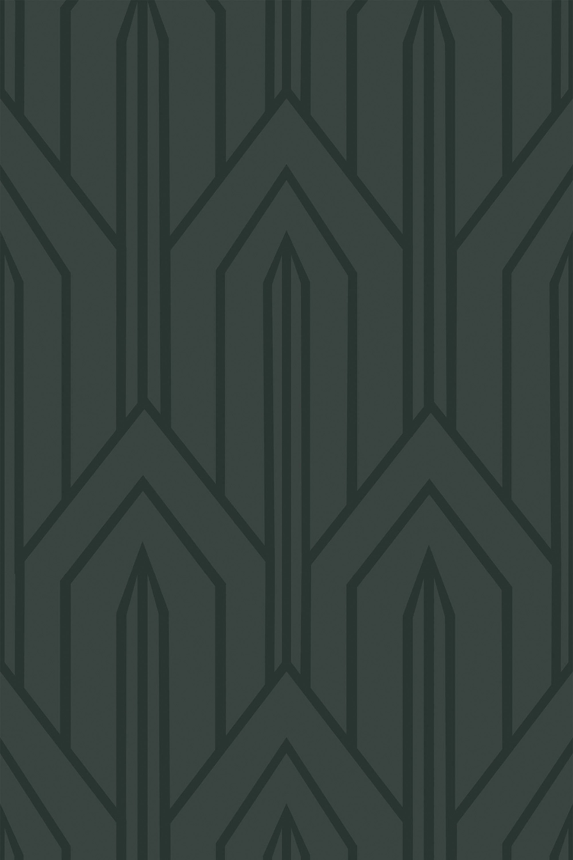 Geometric pattern with dark green, interlocking angular shapes and bold, clean lines in a minimalist Art Deco style. Peel and stick removable wallpaper.