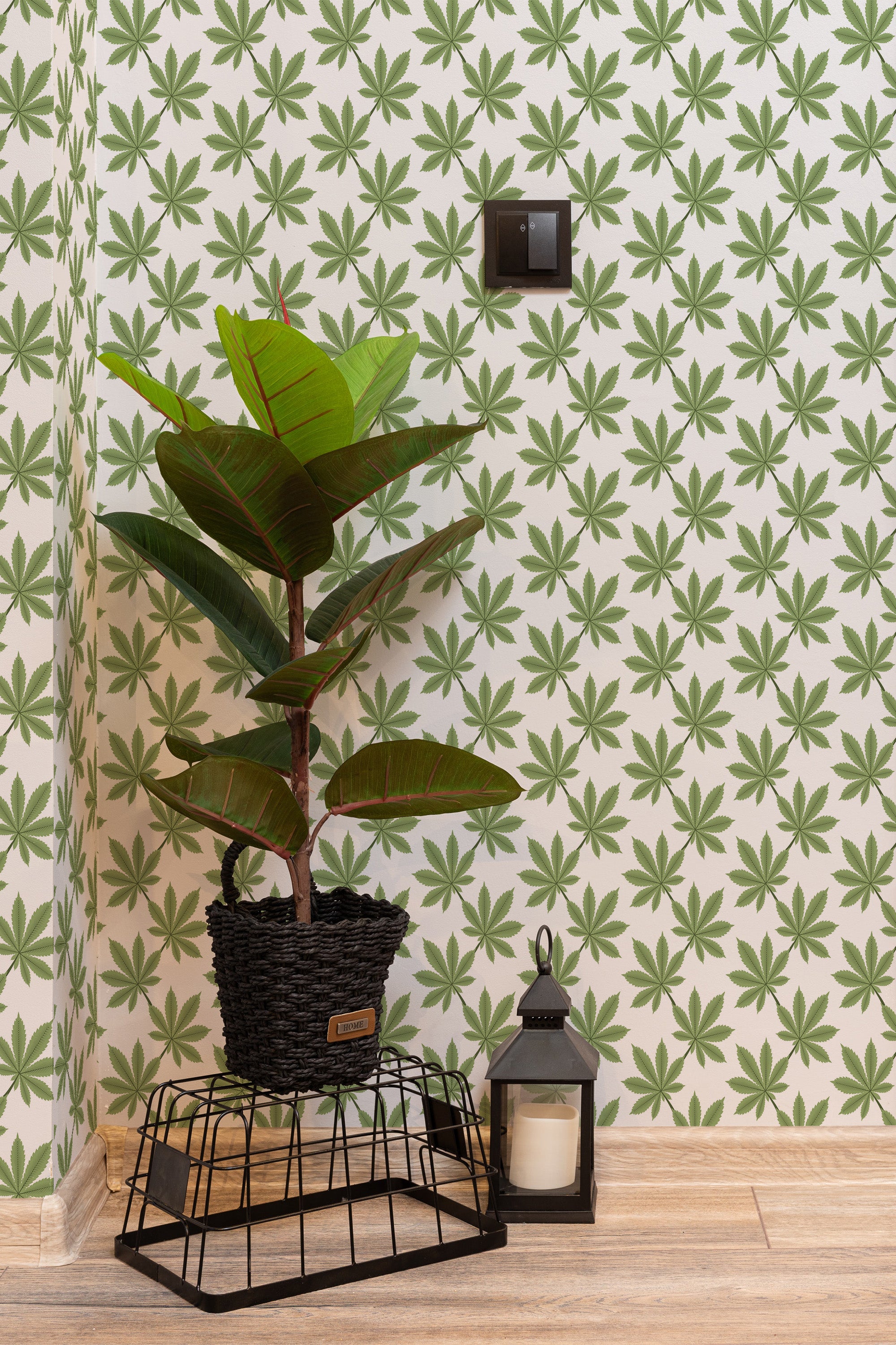 Self-adhesive wallpaper with a pattern of green leafy plants on a white background, bringing a fresh and natural vibe to the room's decor.