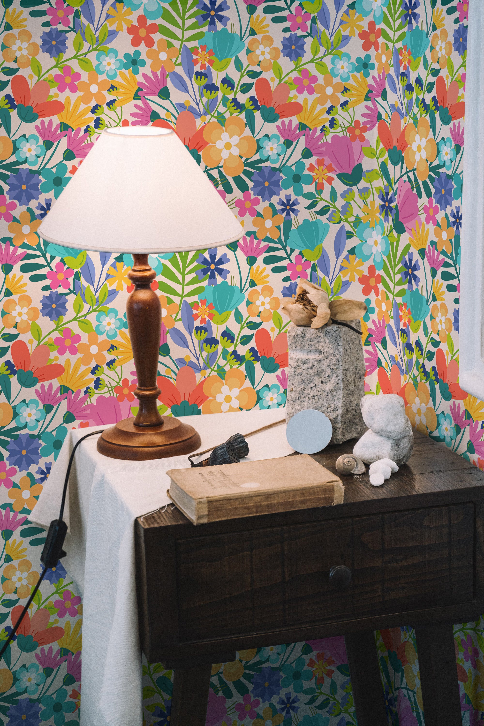 Self-adhesive wallpaper with a vibrant, colorful summer design, featuring a mix of bold flowers and lush green leaves in shades of pink, orange, yellow, blue, and purple, creating an energetic and lively atmosphere.