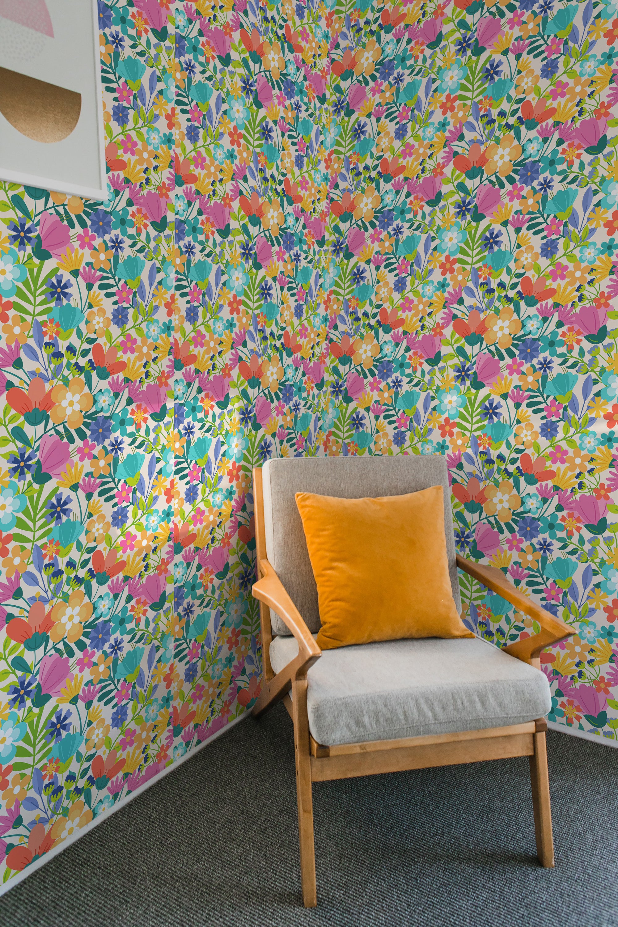 A vibrant floral wallpaper with colorful summer patterns in shades of pink, orange, blue, and green covers the wall, providing a lively and cheerful atmosphere. Traditional wallpaper.