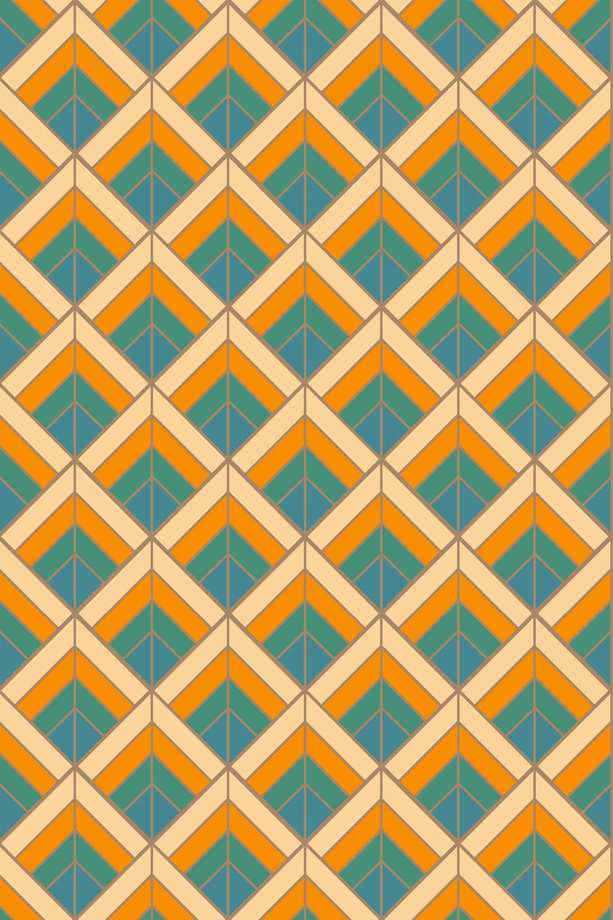 Geometric pattern with orange, teal, and beige cubes forming an intricate 3D effect, perfect for a vintage-inspired look, peel and stick removable wallpaper.