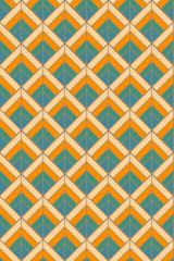 Geometric pattern with orange, teal, and beige cubes forming an intricate 3D effect, perfect for a vintage-inspired look, peel and stick removable wallpaper.