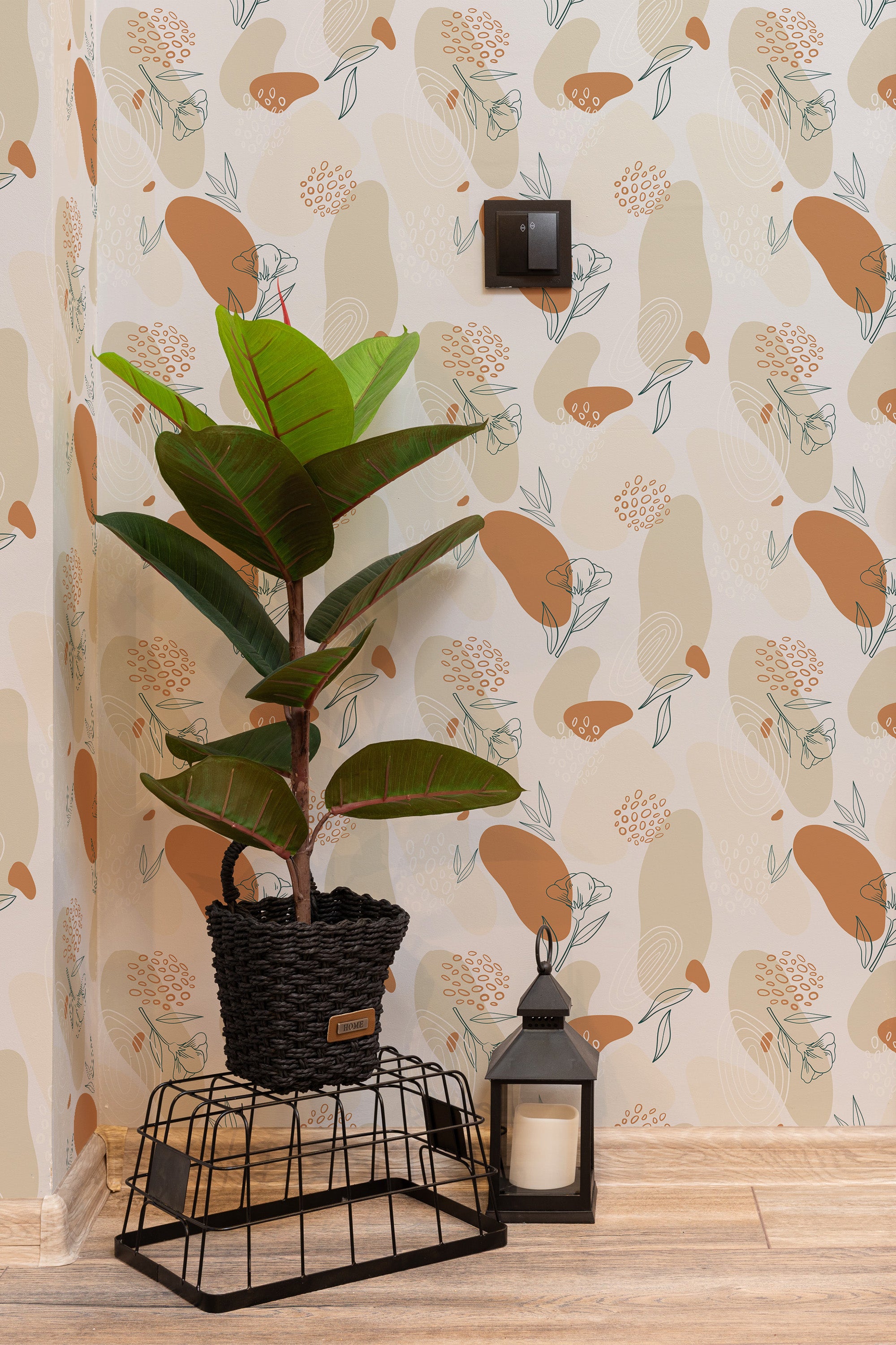 Self-adhesive wallpaper with a Bohemian shapes design featuring abstract, organic forms in warm earthy tones of beige, orange, and muted green.