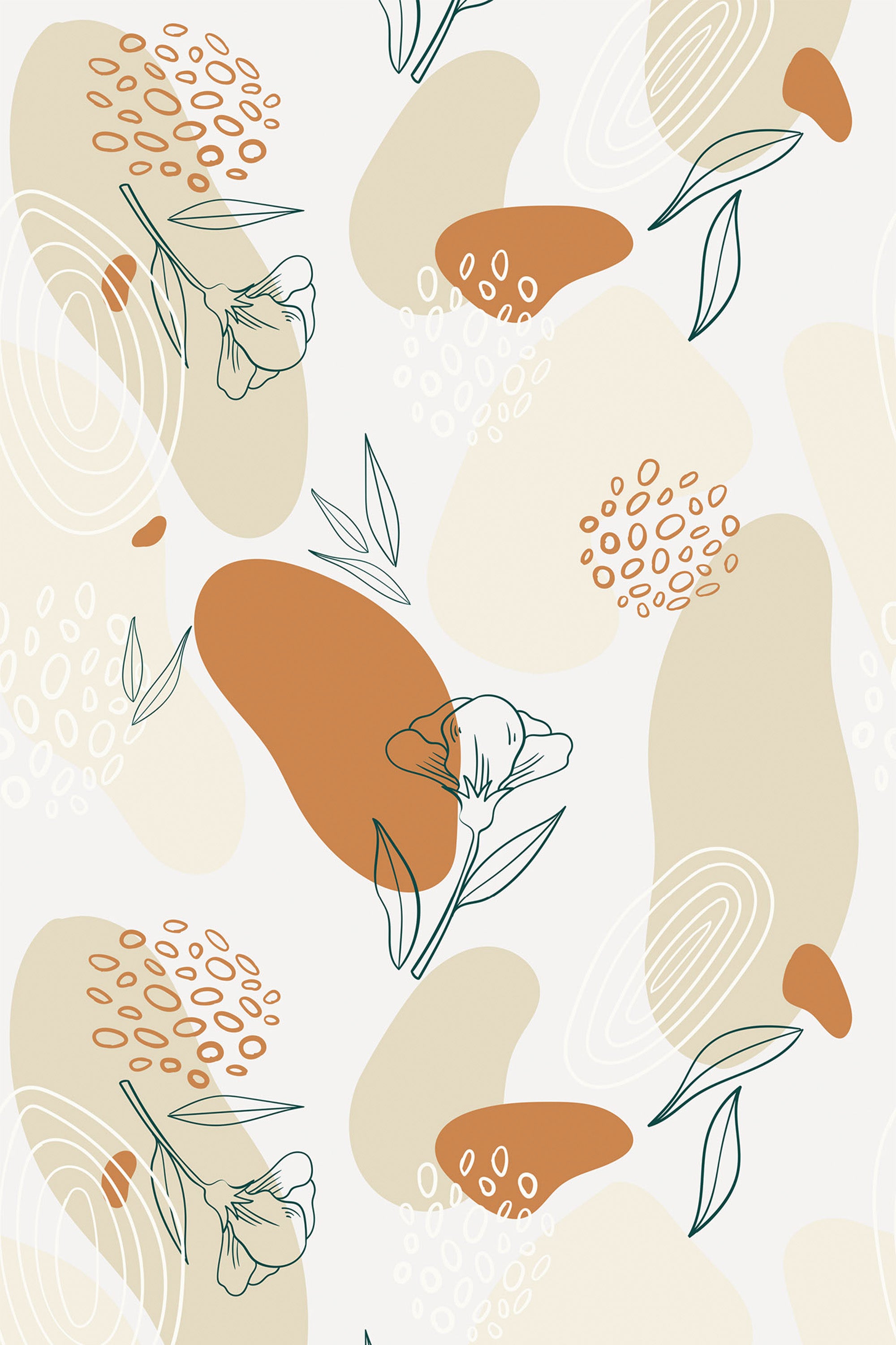 A bohemian-inspired wallpaper with an abstract design combining soft, earthy tones of beige, terracotta, and green. The pattern includes irregular shapes, delicate line art of flowers and leaves, and subtle dotted accents. Peel and stick removable wallpaper.
