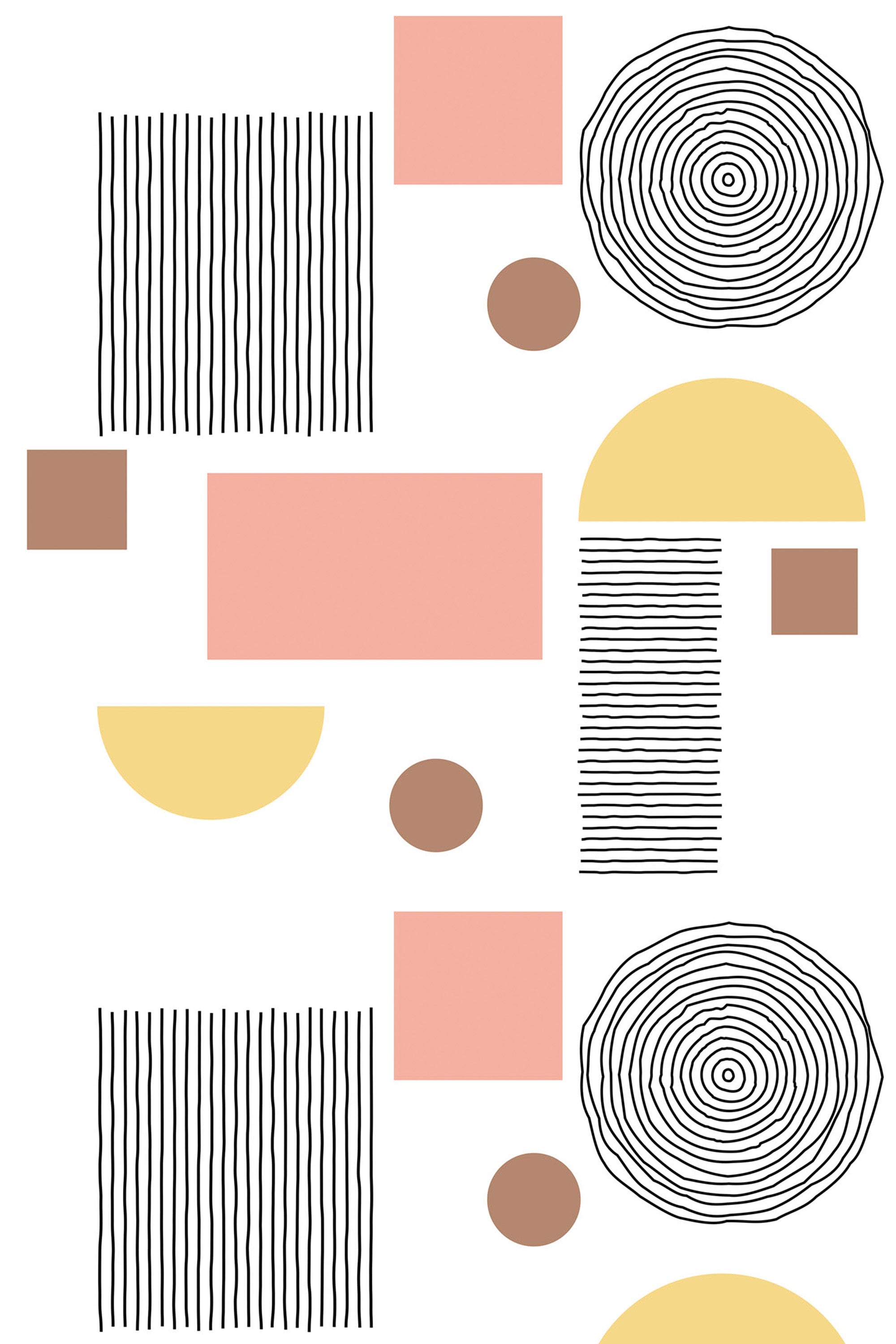 Abstract geometric pattern with hand-drawn circles resembling wood grain, yellow semicircles, solid rectangles in soft peach, pink squares, vertical line patterns, and small brown dots on a white background, peel and stick removable wallpaper.
