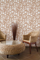 Self-adhesive wallpaper with a Nursery tulip design in white tulips and green leaves on a beige background, adding a gentle floral touch to the room.