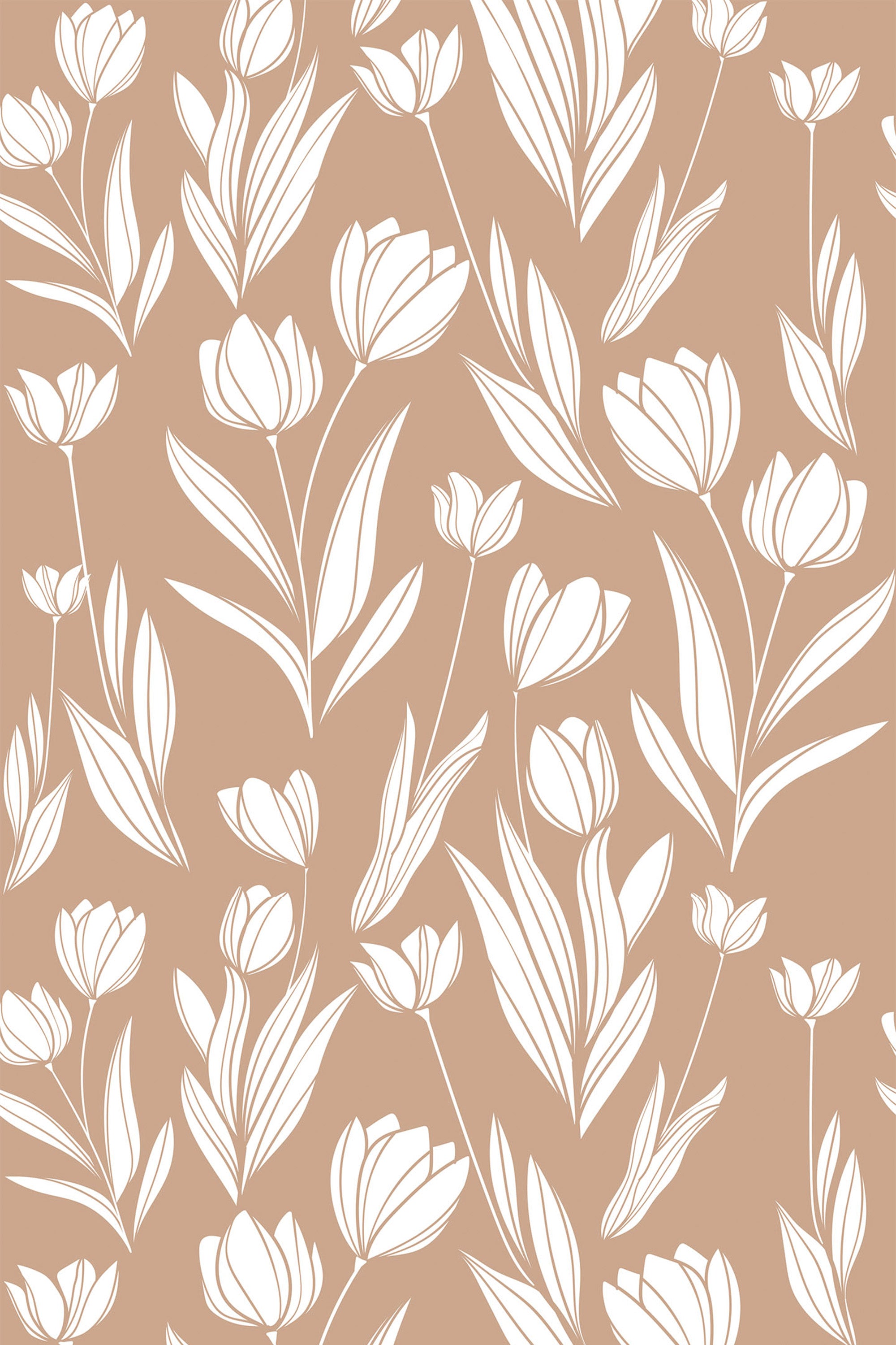 White tulip flowers and leafy stems on a warm beige background with a repeating pattern. Peel and stick removable wallpaper.